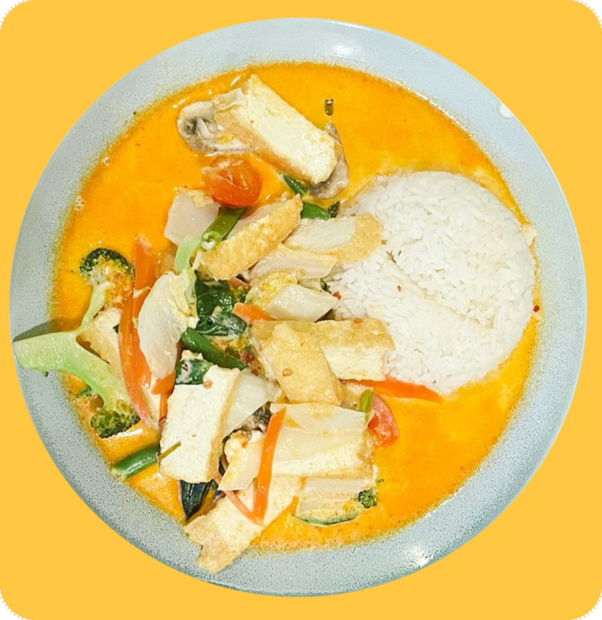 D3.  Tofu mit versch. Gemüse Kokosmilch, Basilikum & Rotem Curry