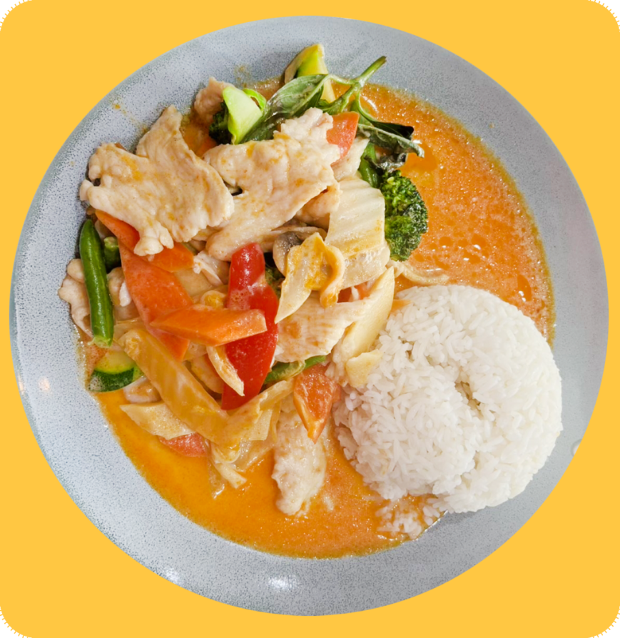 H15. Gebr. Hühnerfleisch a lá Thai mit Cocosmilch und Rotem Curry